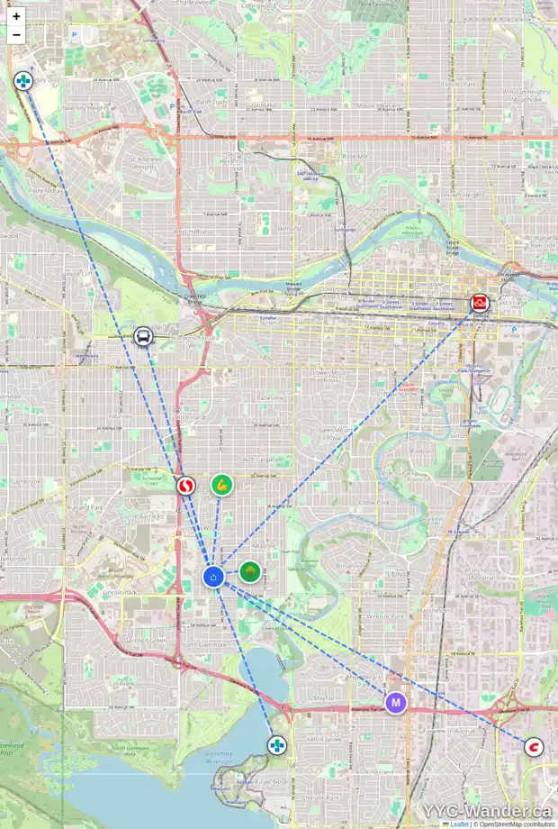 Daily accessibility map for 2150 47 AV SW, Calgary showing nearby schools, grocery stores, parks, LRT stations and nearby amenities