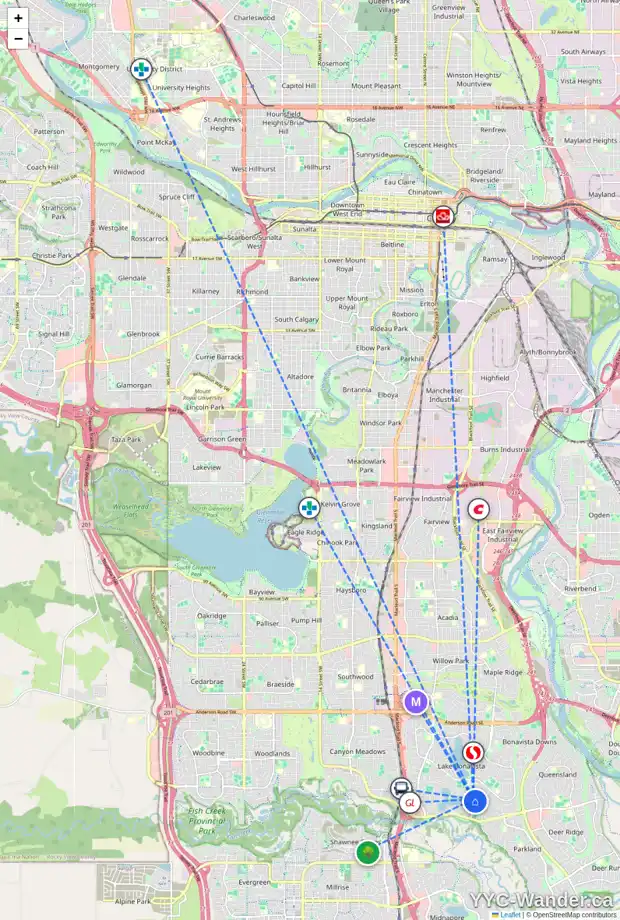 Daily accessibility map for 1552 ACADIA DR SE, Calgary showing nearby schools, grocery stores, parks, LRT stations and nearby amenities