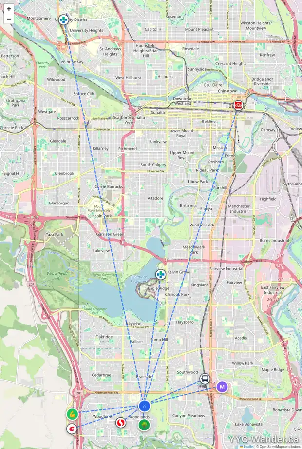 Daily accessibility map for 151 WOODPARK PL SW, Calgary showing nearby schools, grocery stores, parks, LRT stations and nearby amenities
