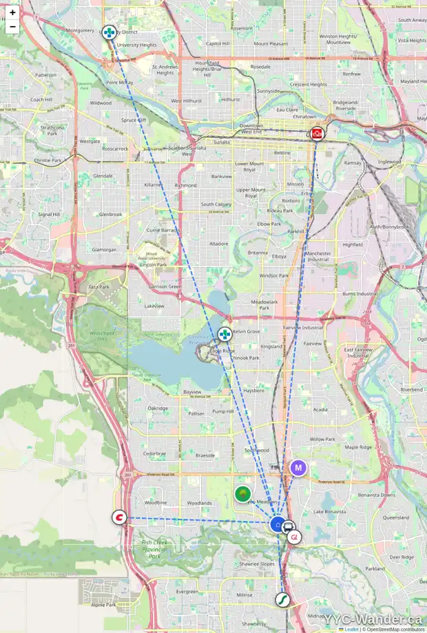 Daily accessibility map for 312 CANNIFF PL SW, Calgary showing nearby schools, grocery stores, parks, LRT stations and nearby amenities
