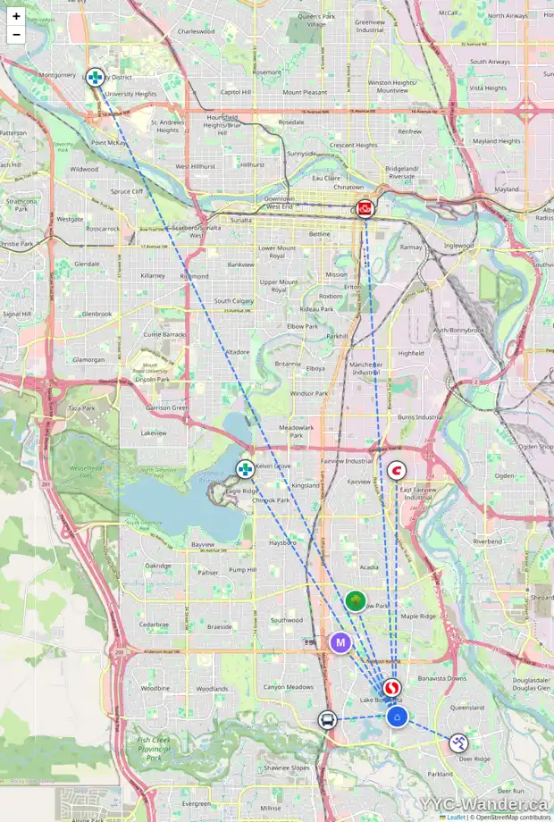 Daily accessibility map for 236 LAKE ACADIA GR SE, Calgary showing nearby schools, grocery stores, parks, LRT stations and nearby amenities