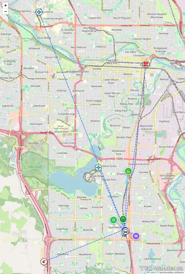 Daily accessibility map for 124 SABRINA BA SW, Calgary showing nearby schools, grocery stores, parks, LRT stations and nearby amenities