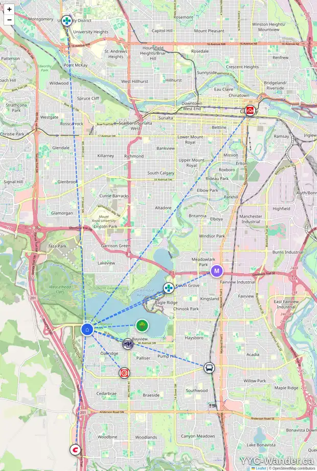 Daily accessibility map for 54 OAKMOUNT CO SW, Calgary showing nearby schools, grocery stores, parks, LRT stations and nearby amenities