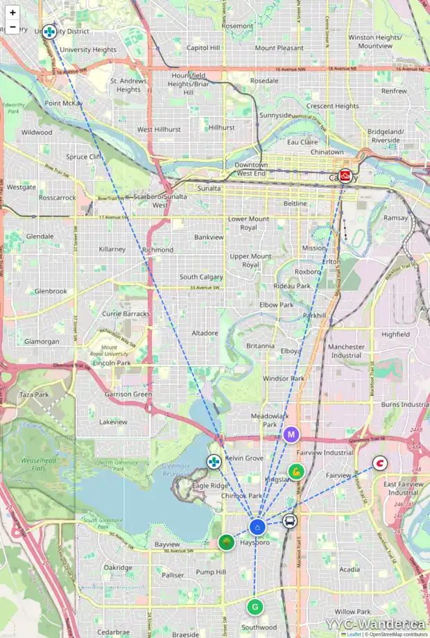 Daily accessibility map for 92 HARCOURT RD SW, Calgary showing nearby schools, grocery stores, parks, LRT stations and nearby amenities