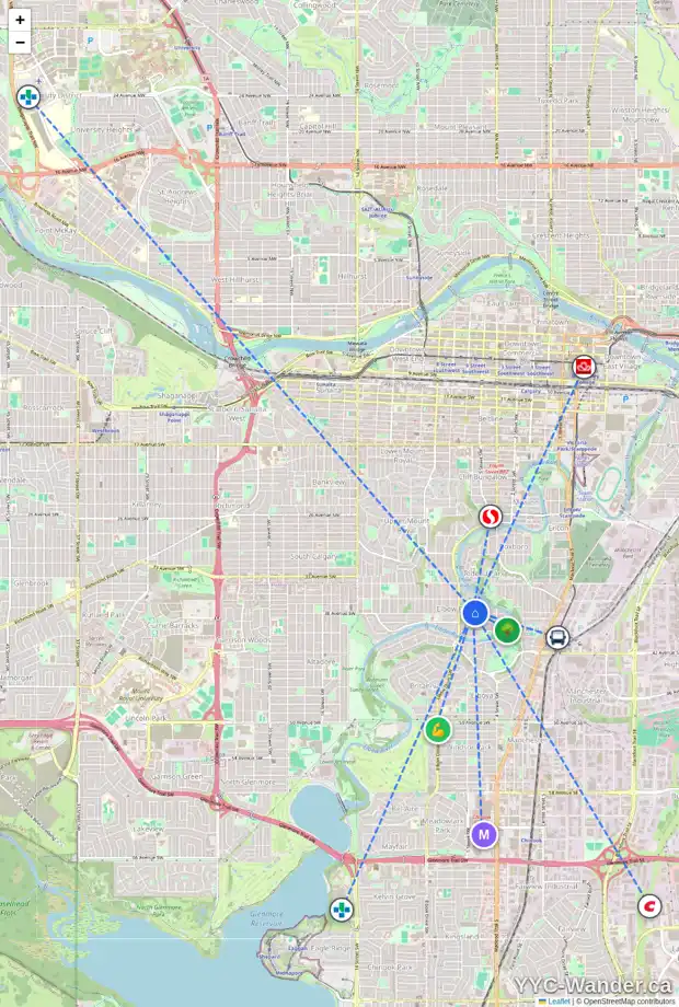Daily accessibility map for 326 38 AV SW, Calgary showing nearby schools, grocery stores, parks, LRT stations and nearby amenities