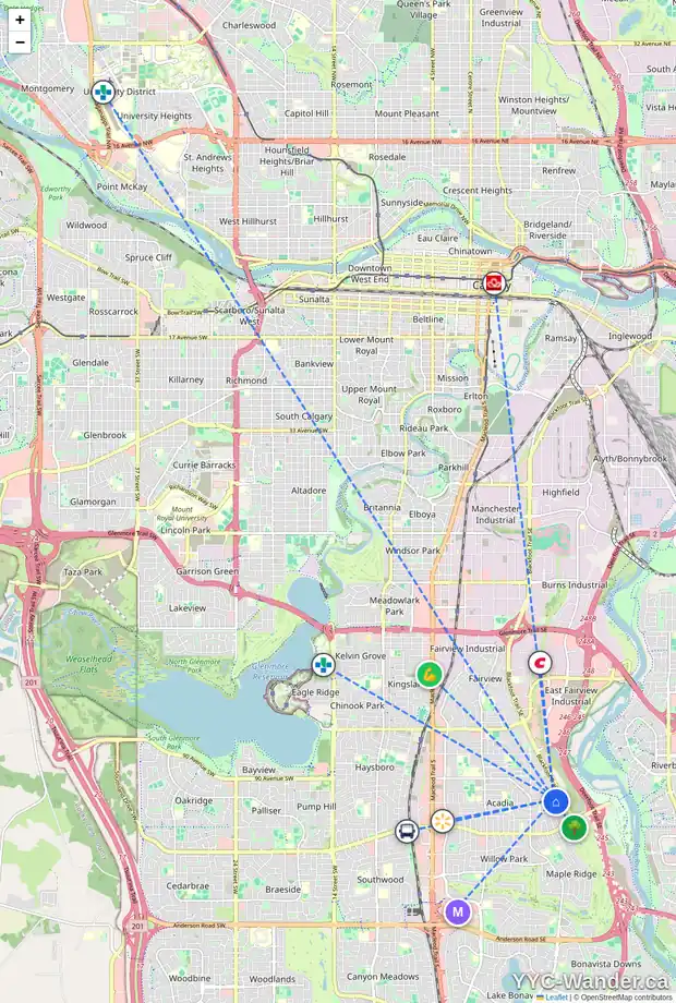 Daily accessibility map for 9439 ACADEMY DR SE, Calgary showing nearby schools, grocery stores, parks, LRT stations and nearby amenities