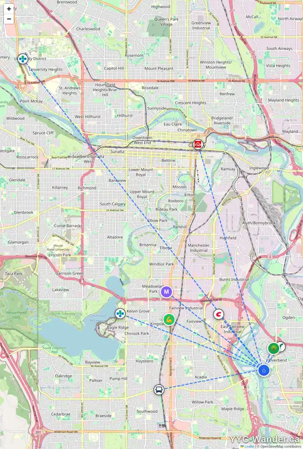 Daily accessibility map for 68 RIVERVIEW ME SE, Calgary showing nearby schools, grocery stores, parks, LRT stations and nearby amenities