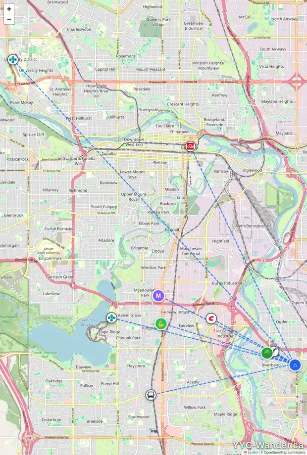 Daily accessibility map for 36 RIVERSTONE CR SE, Calgary showing nearby schools, grocery stores, parks, LRT stations and nearby amenities