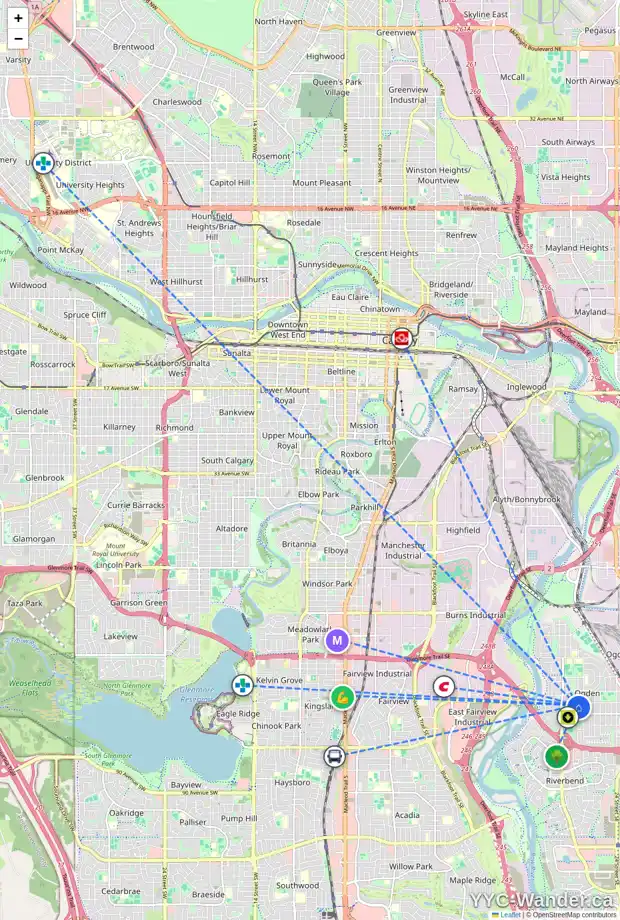 Daily accessibility map for 7411 20 ST SE, Calgary showing nearby schools, grocery stores, parks, LRT stations and nearby amenities