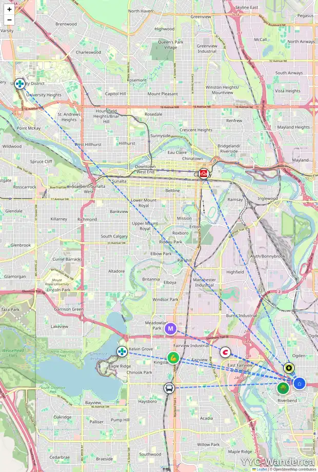 Daily accessibility map for 2408 OLYMPIA DR SE, Calgary showing nearby schools, grocery stores, parks, LRT stations and nearby amenities