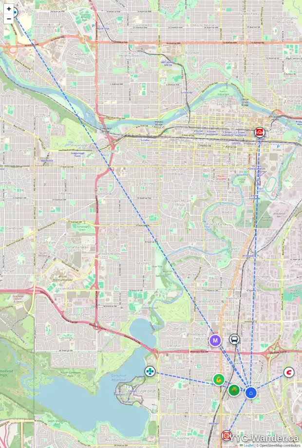 Daily accessibility map for 7827 FAIRMOUNT DR SE, Calgary showing nearby schools, grocery stores, parks, LRT stations and nearby amenities
