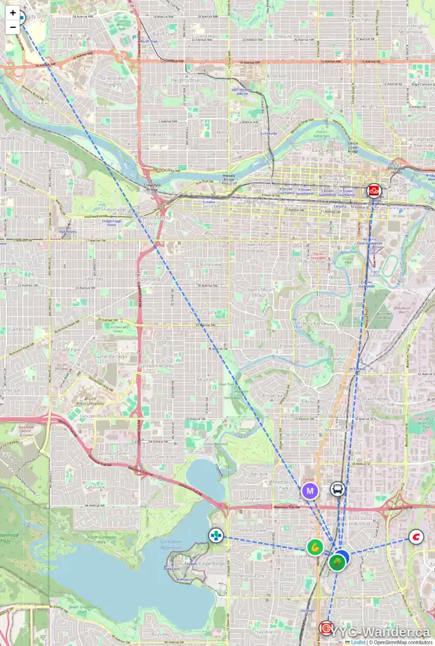 Daily accessibility map for 63 FAIRVIEW DR SE, Calgary showing nearby schools, grocery stores, parks, LRT stations and nearby amenities