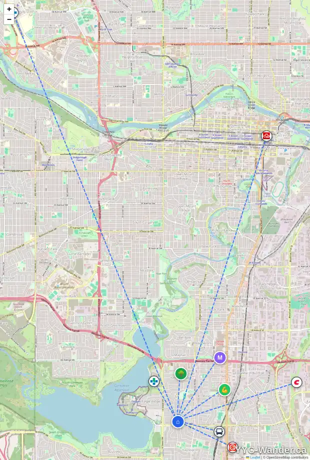 Daily accessibility map for 84 COLLEEN CR SW, Calgary showing nearby schools, grocery stores, parks, LRT stations and nearby amenities