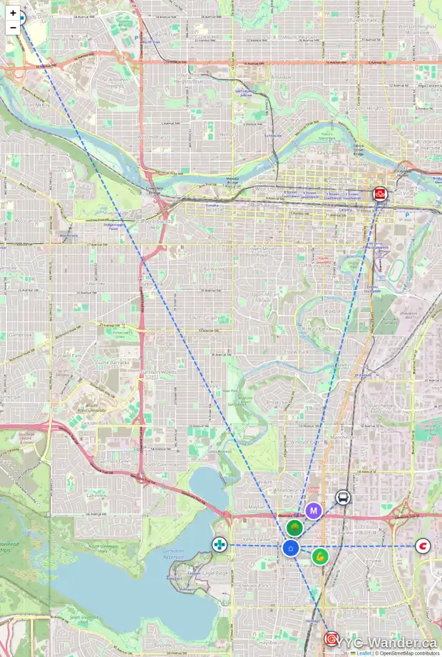 Daily accessibility map for 26 KLAMATH PL SW, Calgary showing nearby schools, grocery stores, parks, LRT stations and nearby amenities