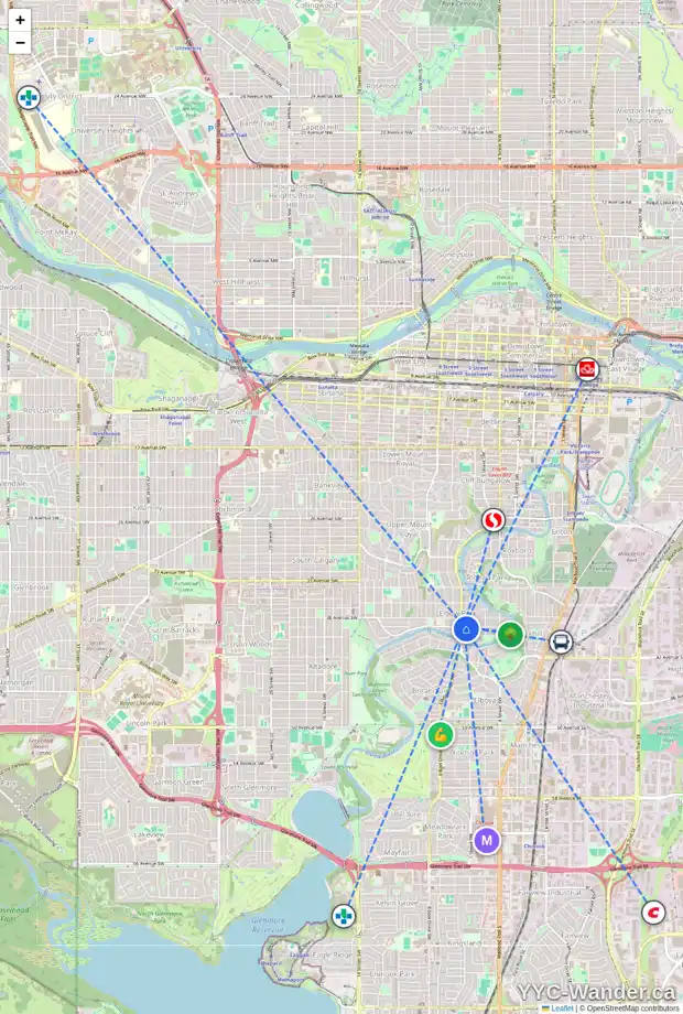 Daily accessibility map for 4004 ELBOW DR SW, Calgary showing nearby schools, grocery stores, parks, LRT stations and nearby amenities
