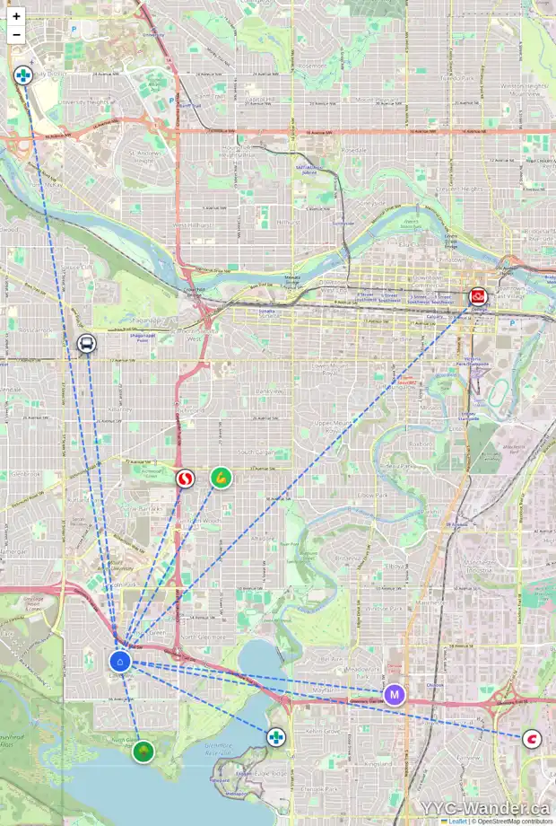 Daily accessibility map for 3410 LANE CR SW, Calgary showing nearby schools, grocery stores, parks, LRT stations and nearby amenities