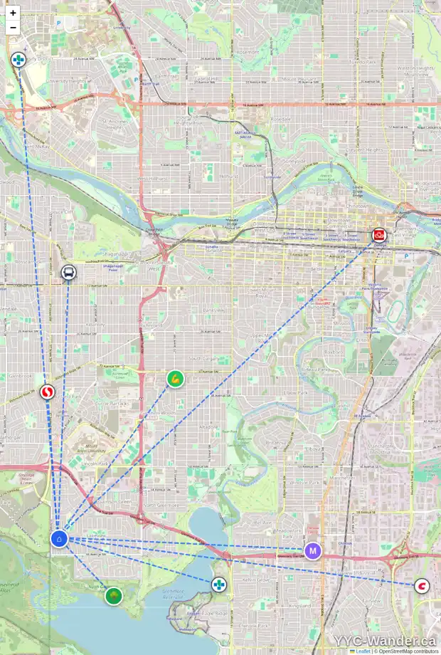 Daily accessibility map for 6224 LONGMOOR WY SW, Calgary showing nearby schools, grocery stores, parks, LRT stations and nearby amenities