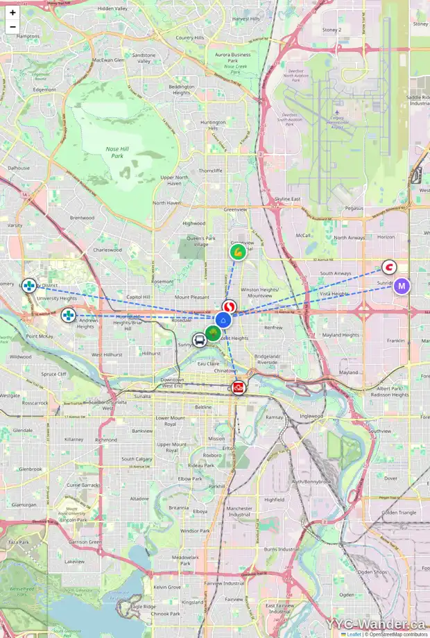 Daily accessibility map for 131 14 AV NW, Calgary showing nearby schools, grocery stores, parks, LRT stations and nearby amenities