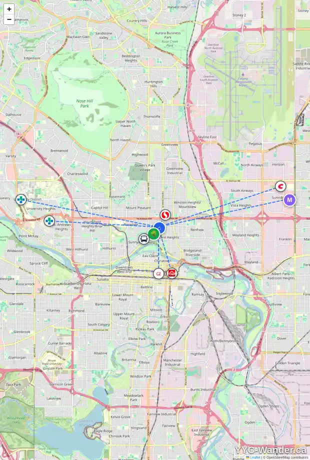Daily accessibility map for 202 12 AV NW, Calgary showing nearby schools, grocery stores, parks, LRT stations and nearby amenities