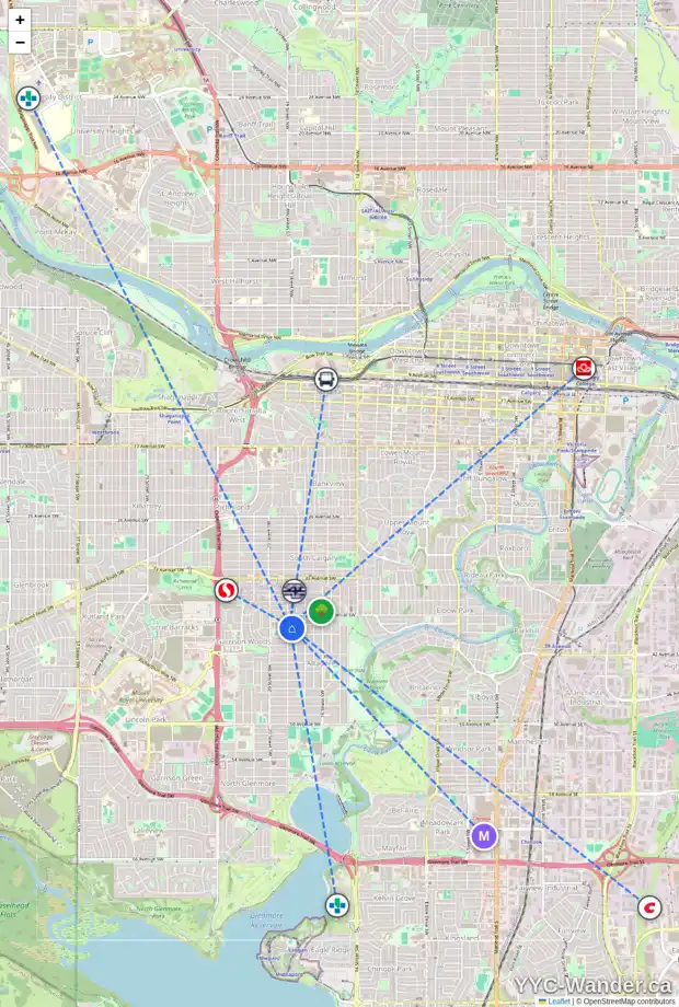 Daily accessibility map for 4004 19 ST SW, Calgary showing nearby schools, grocery stores, parks, LRT stations and nearby amenities