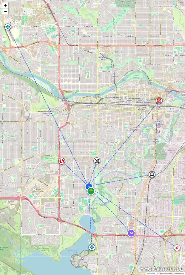 Daily accessibility map for 4602 16 ST SW, Calgary showing nearby schools, grocery stores, parks, LRT stations and nearby amenities