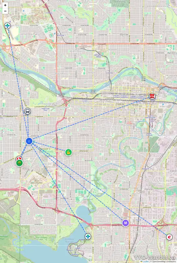 Daily accessibility map for 3007 33 ST SW, Calgary showing nearby schools, grocery stores, parks, LRT stations and nearby amenities