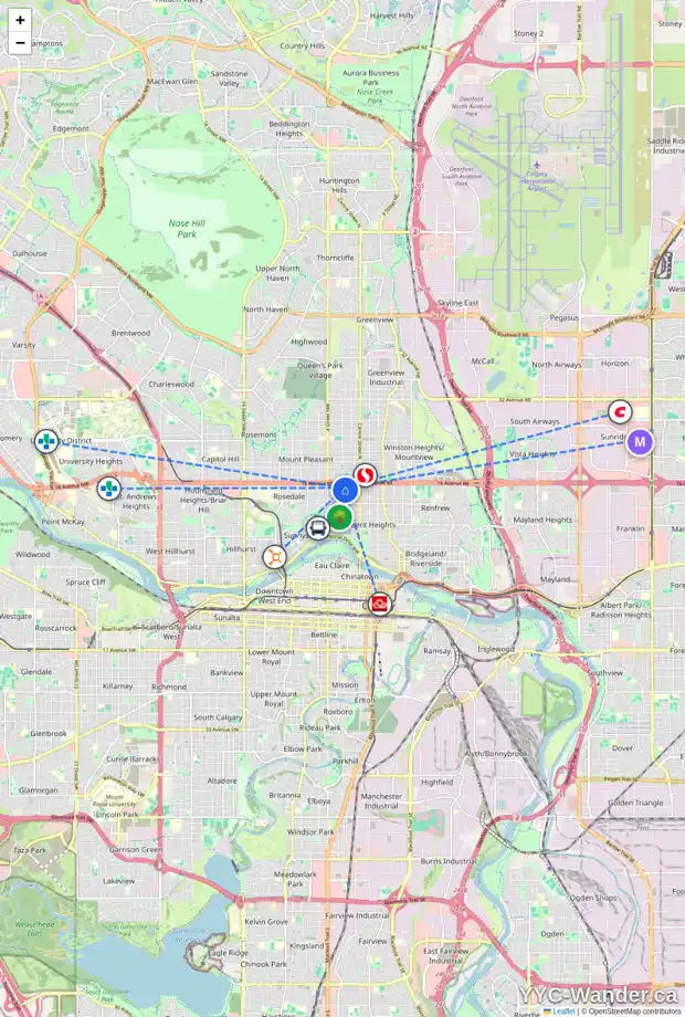 Daily accessibility map for 238 15 AV NW, Calgary showing nearby schools, grocery stores, parks, LRT stations and nearby amenities