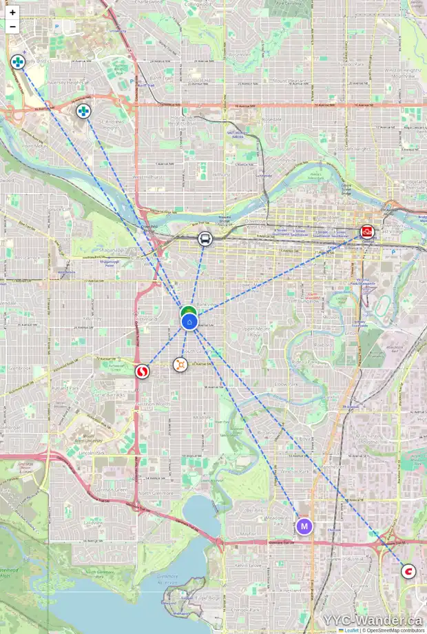 Daily accessibility map for 1911 25 AV SW, Calgary showing nearby schools, grocery stores, parks, LRT stations and nearby amenities