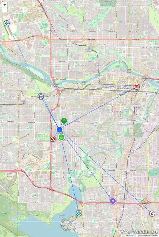 Daily accessibility map for 2204 30 AV SW, Calgary showing nearby schools, grocery stores, parks, LRT stations and nearby amenities