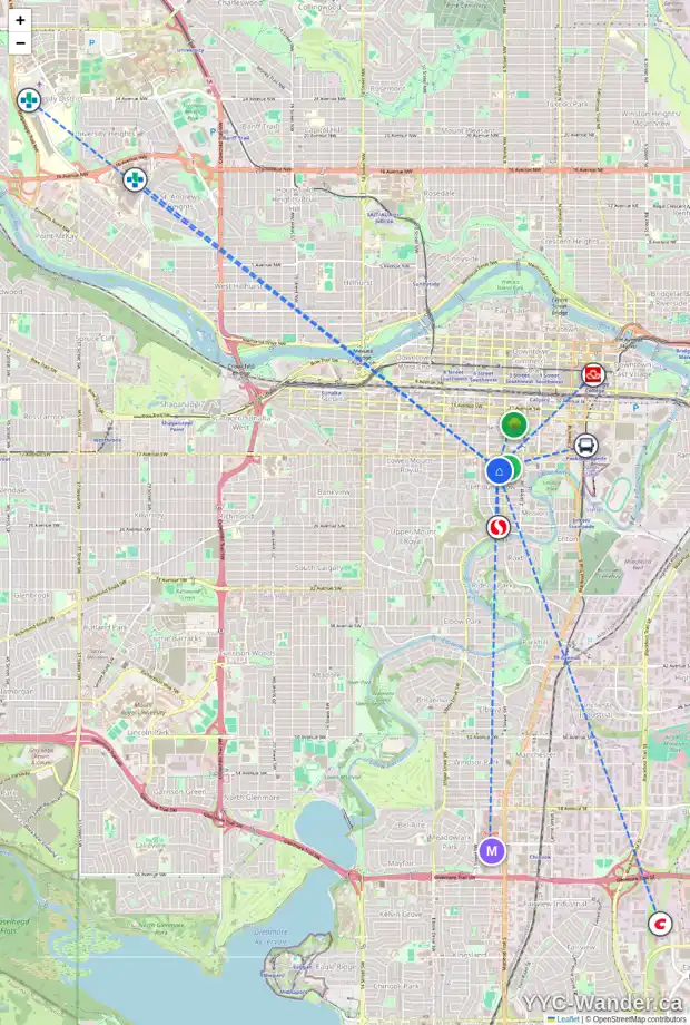 Daily accessibility map for 522 19 AV SW, Calgary showing nearby schools, grocery stores, parks, LRT stations and nearby amenities