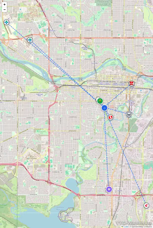 Daily accessibility map for 2010 HOPE ST SW, Calgary showing nearby schools, grocery stores, parks, LRT stations and nearby amenities