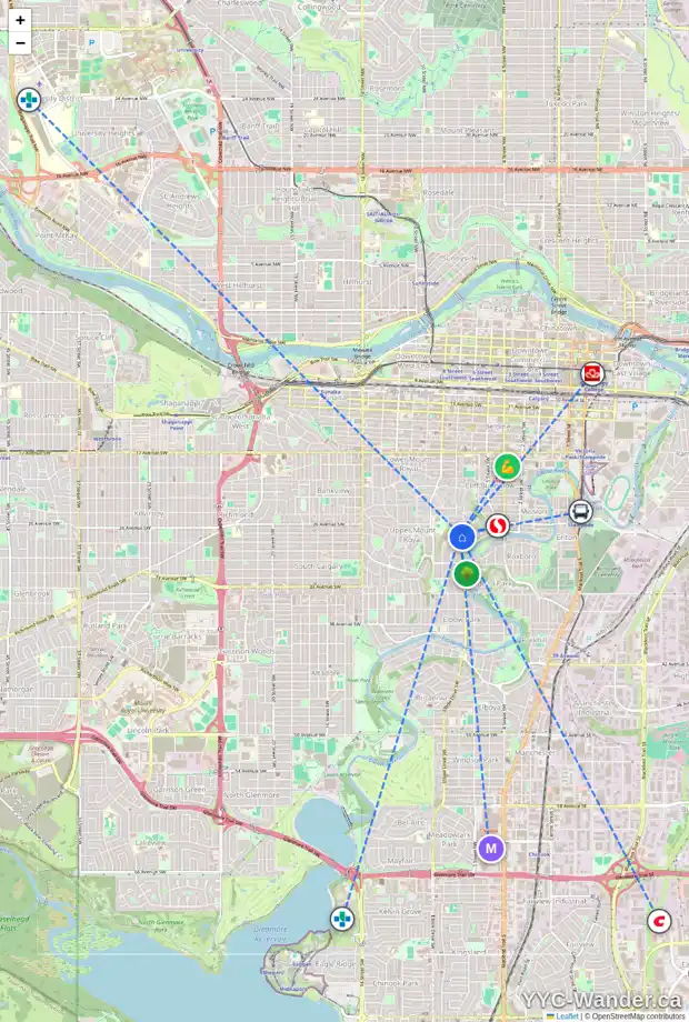 Daily accessibility map for 2911 PARK LN SW, Calgary showing nearby schools, grocery stores, parks, LRT stations and nearby amenities