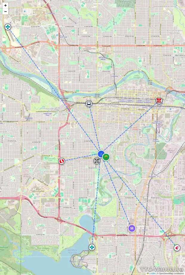 Daily accessibility map for 1410 JOLIET AV SW, Calgary showing nearby schools, grocery stores, parks, LRT stations and nearby amenities