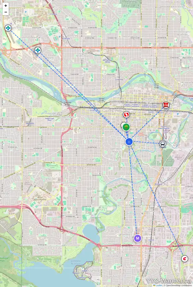 Daily accessibility map for 2216 7 ST SW, Calgary showing nearby schools, grocery stores, parks, LRT stations and nearby amenities