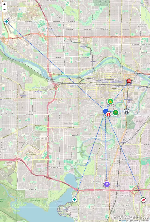 Daily accessibility map for 303 626 24 AV SW, Calgary showing nearby schools, grocery stores, parks, LRT stations and nearby amenities