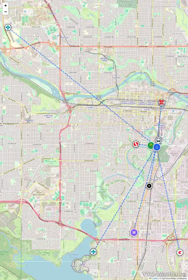 Daily accessibility map for 15 27 AV SW, Calgary showing nearby schools, grocery stores, parks, LRT stations and nearby amenities