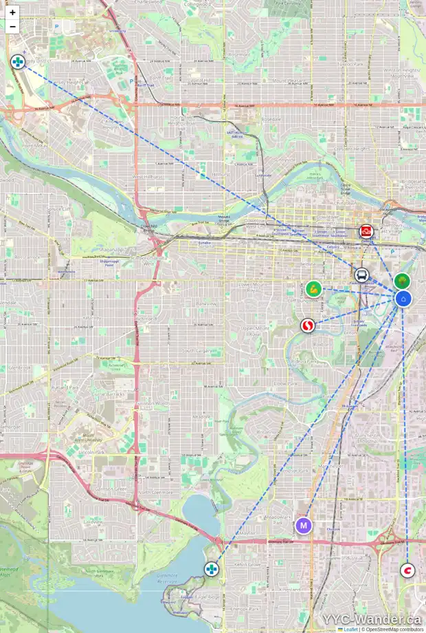 Daily accessibility map for 2105 RAMSAY ST SE, Calgary showing nearby schools, grocery stores, parks, LRT stations and nearby amenities