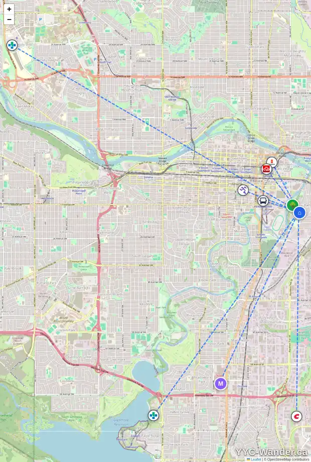 Daily accessibility map for 1916 RAMSAY ST SE, Calgary showing nearby schools, grocery stores, parks, LRT stations and nearby amenities