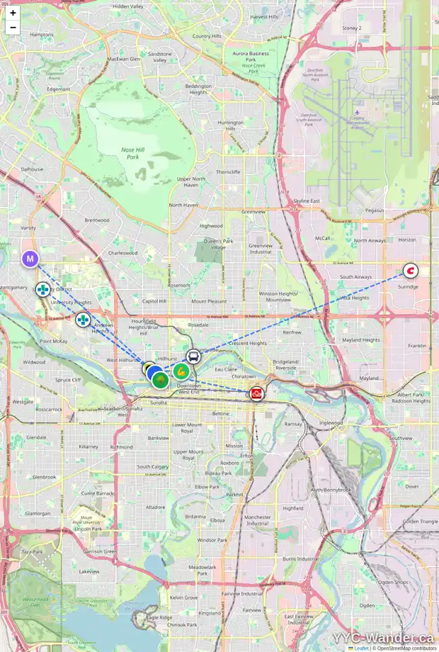 Daily accessibility map for 1815 WESTMOUNT RD NW, Calgary showing nearby schools, grocery stores, parks, LRT stations and nearby amenities