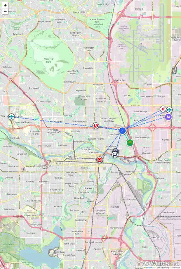 Daily accessibility map for 1460 RENFREW DR NE, Calgary showing nearby schools, grocery stores, parks, LRT stations and nearby amenities