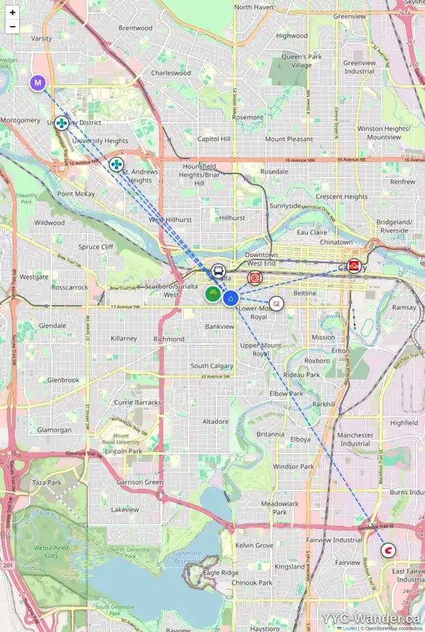Daily accessibility map for 403 1530 15 AV SW, Calgary showing nearby schools, grocery stores, parks, LRT stations and nearby amenities