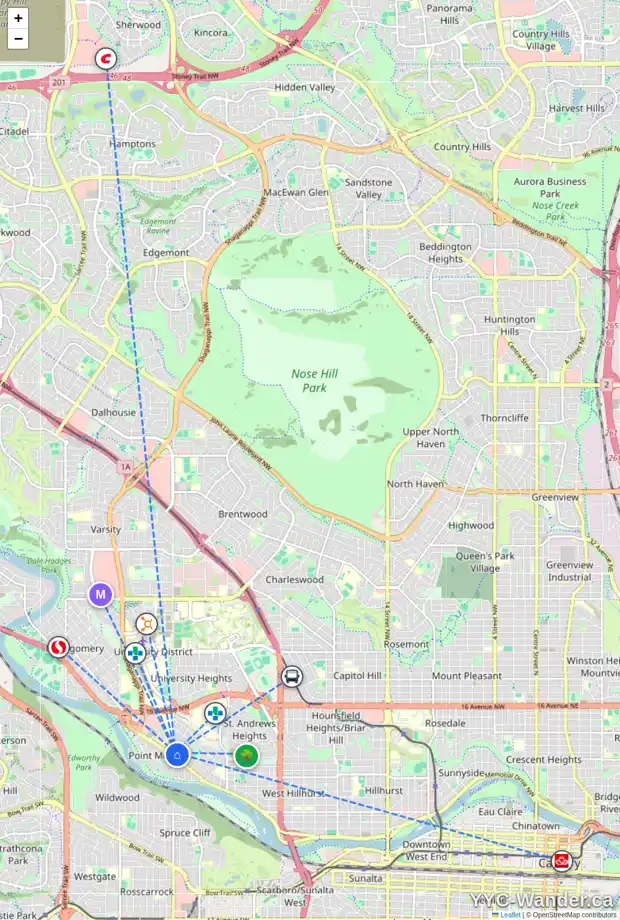 Daily accessibility map for 514 37 ST NW, Calgary showing nearby schools, grocery stores, parks, LRT stations and nearby amenities