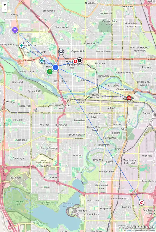 Daily accessibility map for 1319 HAMILTON ST NW, Calgary showing nearby schools, grocery stores, parks, LRT stations and nearby amenities