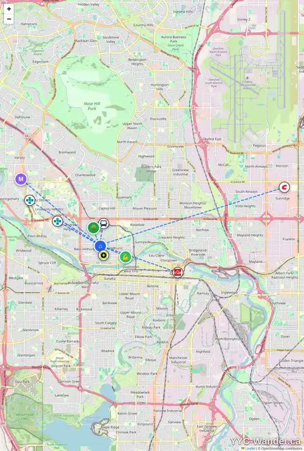 Daily accessibility map for 505 19 ST NW, Calgary showing nearby schools, grocery stores, parks, LRT stations and nearby amenities