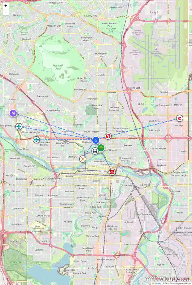 Daily accessibility map for 1620 5 ST NW, Calgary showing nearby schools, grocery stores, parks, LRT stations and nearby amenities