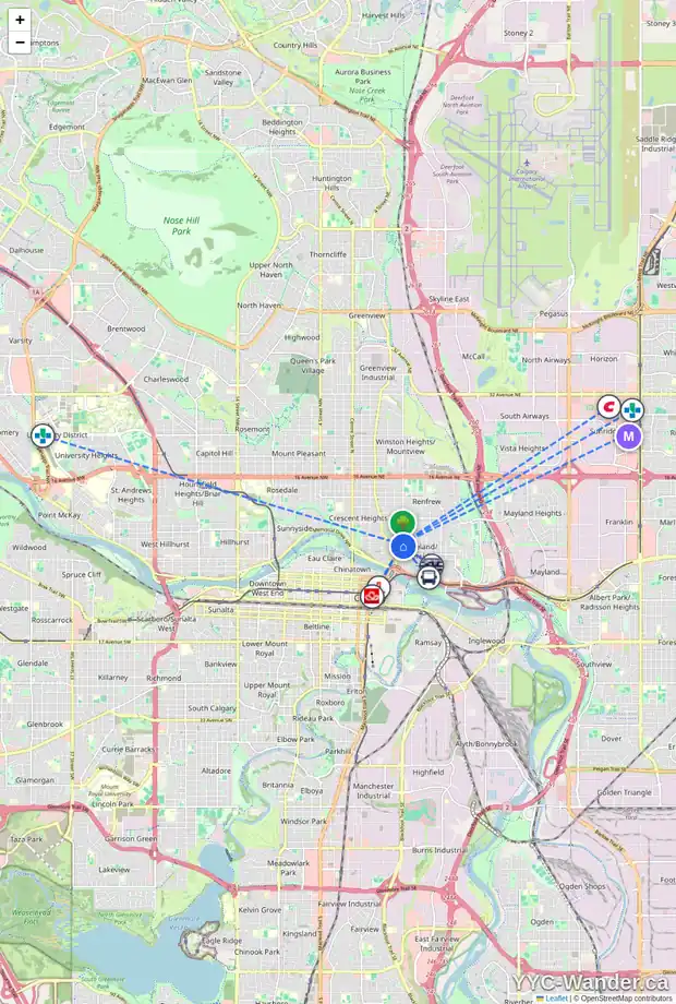 Daily accessibility map for 411 6 ST NE, Calgary showing nearby schools, grocery stores, parks, LRT stations and nearby amenities