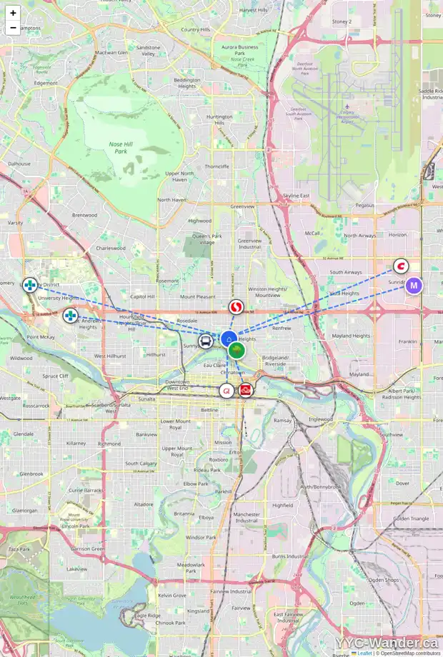 Daily accessibility map for 138 8 AV NW, Calgary showing nearby schools, grocery stores, parks, LRT stations and nearby amenities