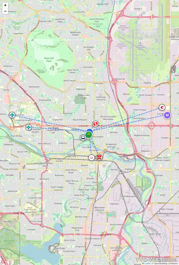 Daily accessibility map for 305 12 AV NW, Calgary showing nearby schools, grocery stores, parks, LRT stations and nearby amenities