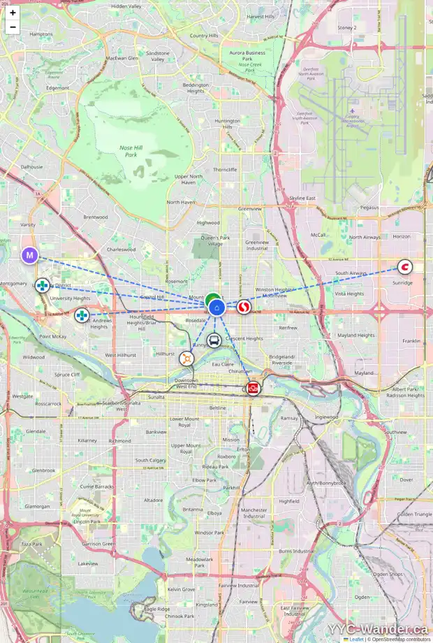 Daily accessibility map for 535 18 AV NW, Calgary showing nearby schools, grocery stores, parks, LRT stations and nearby amenities