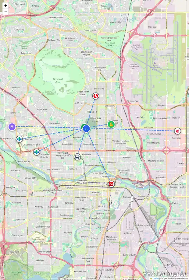Daily accessibility map for 949 32 AV NW, Calgary showing nearby schools, grocery stores, parks, LRT stations and nearby amenities